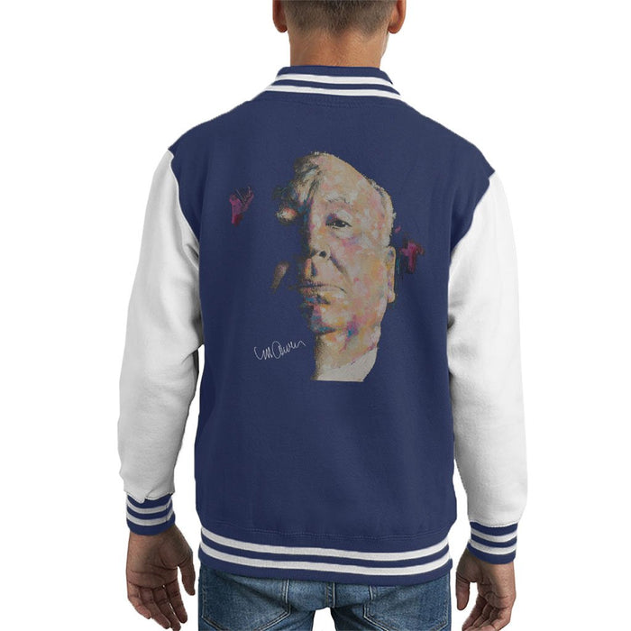 Sidney Maurer Original Portrait Of Alfred Hitchcock Portrait Kids Varsity Jacket - X-Small (3-4 yrs) / Navy/White - Kids Boys Varsity Jacket