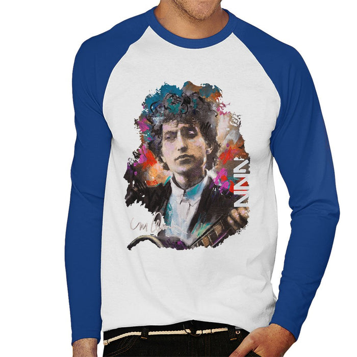 Sidney Maurer Original Portrait Of Bob Dylan Mens Baseball Long Sleeved T-Shirt - Small / White/Royal - Mens Baseball Long Sleeved T-Shirt