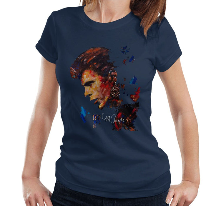 Sidney Maurer Original Portrait Of David Bowie Earring Womens T-Shirt - Small / Navy Blue - Womens T-Shirt