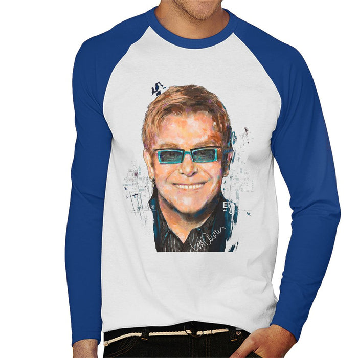 Sidney Maurer Original Portrait Of Elton John Mens Baseball Long Sleeved T-Shirt - Small / White/Royal - Mens Baseball Long Sleeved T-Shirt