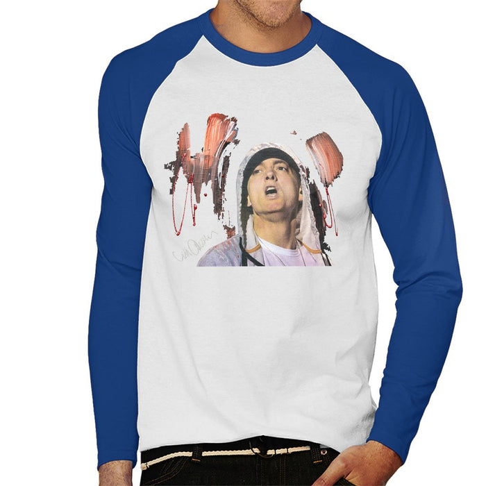 Sidney Maurer Original Portrait Of Eminem Mens Baseball Long Sleeved T-Shirt - Small / White/Royal - Mens Baseball Long Sleeved T-Shirt