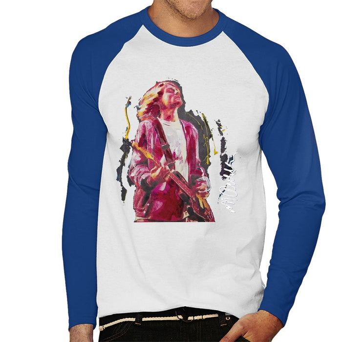 Sidney Maurer Original Portrait Of Kurt Cobain Guitar Mens Baseball Long Sleeved T-Shirt - Small / White/Royal - Mens Baseball Long Sleeved