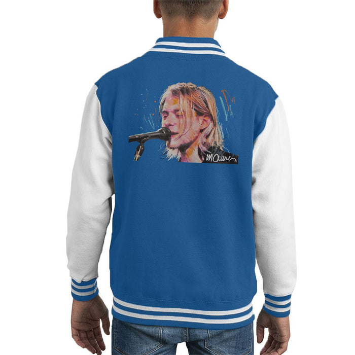 Sidney Maurer Original Portrait Of Kurt Cobain Singing Kids Varsity Jacket - X-Small (3-4 yrs) / Royal/White - Kids Boys Varsity Jacket