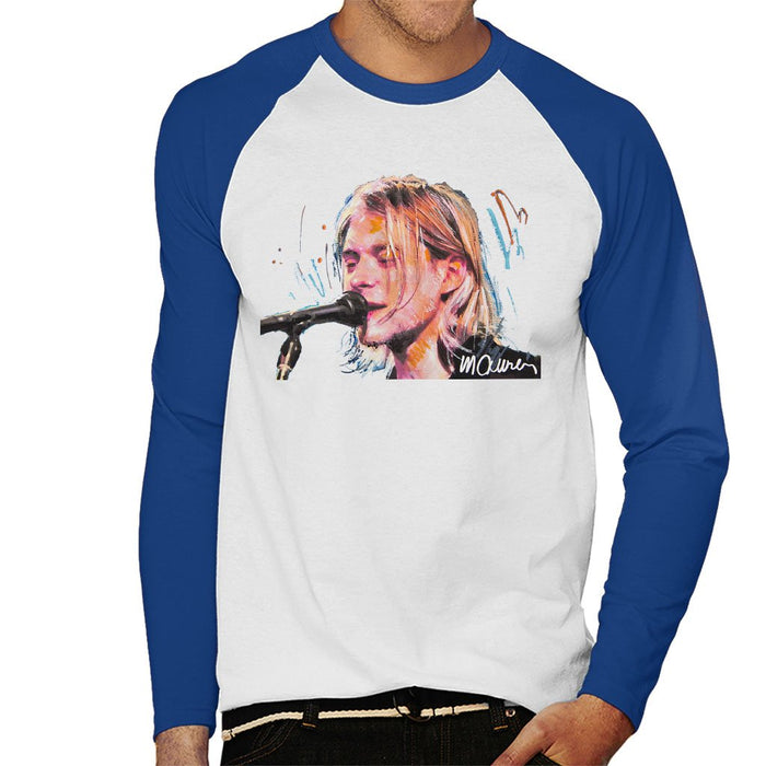 Sidney Maurer Original Portrait Of Kurt Cobain Singing Mens Baseball Long Sleeved T-Shirt - Small / White/Royal - Mens Baseball Long Sleeved