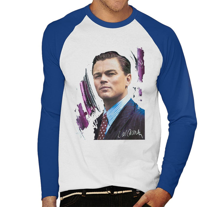 Sidney Maurer Original Portrait Of Leonardo DiCaprio Mens Baseball Long Sleeved T-Shirt - Small / White/Royal - Mens Baseball Long Sleeved