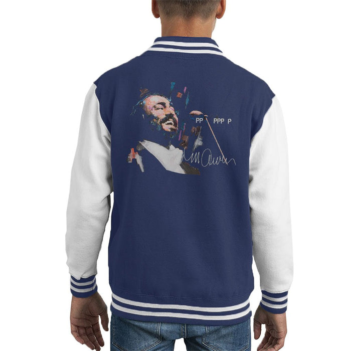 Sidney Maurer Original Portrait Of Luciano Pavarotti Kids Varsity Jacket - X-Small (3-4 yrs) / Navy/White - Kids Boys Varsity Jacket