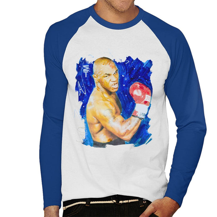 Sidney Maurer Original Portrait Of Mike Tyson Mens Baseball Long Sleeved T-Shirt - Small / White/Royal - Mens Baseball Long Sleeved T-Shirt