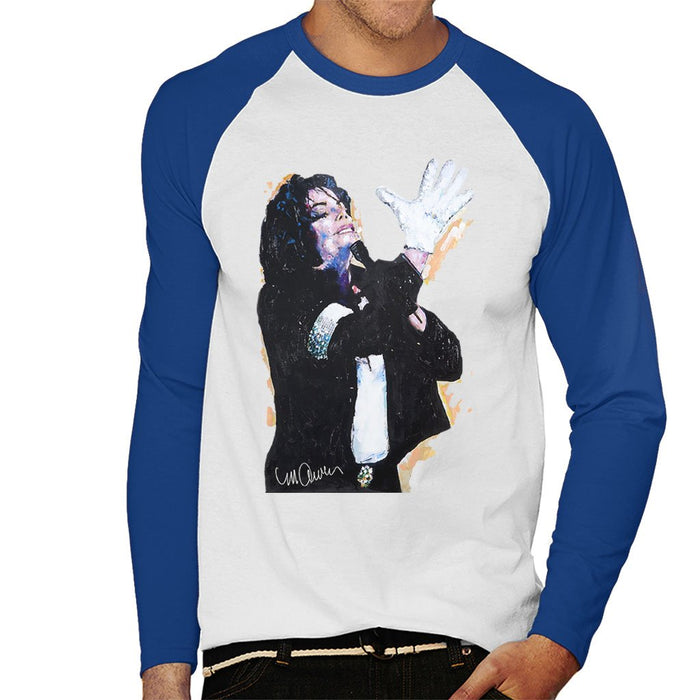 Sidney Maurer Original Portrait Of Michael Jackson White Glove Mens Baseball Long Sleeved T-Shirt - Small / White/Royal - Mens Baseball Long