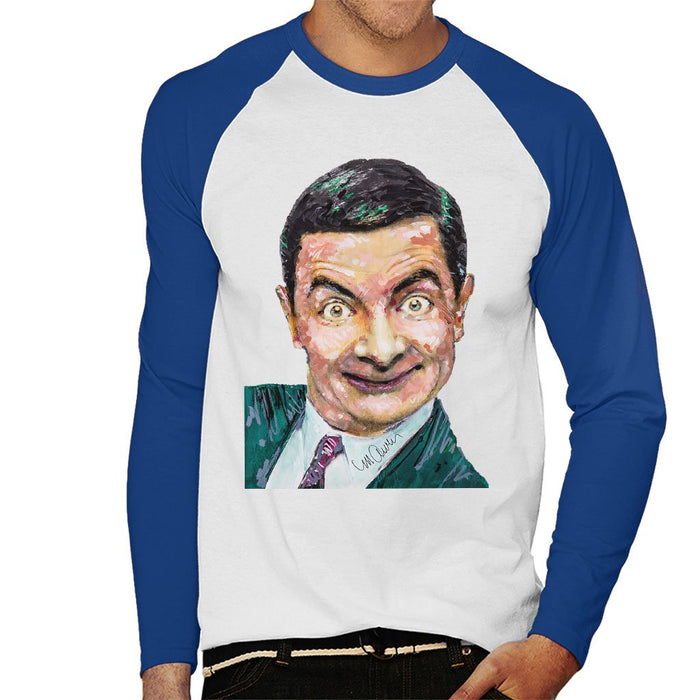 Sidney Maurer Original Portrait Of Mr Bean Rowan Atkinson Mens Baseball Long Sleeved T-Shirt - Small / White/Royal - Mens Baseball Long
