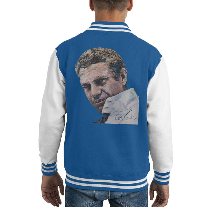 Sidney Maurer Original Portrait Of Steve McQueen Kids Varsity Jacket - X-Small (3-4 yrs) / Royal/White - Kids Boys Varsity Jacket