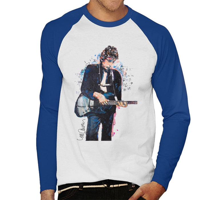 Sidney Maurer Original Portrait Of Bob Dylan On Bass Mens Baseball Long Sleeved T-Shirt - Small / White/Royal - Mens Baseball Long Sleeved