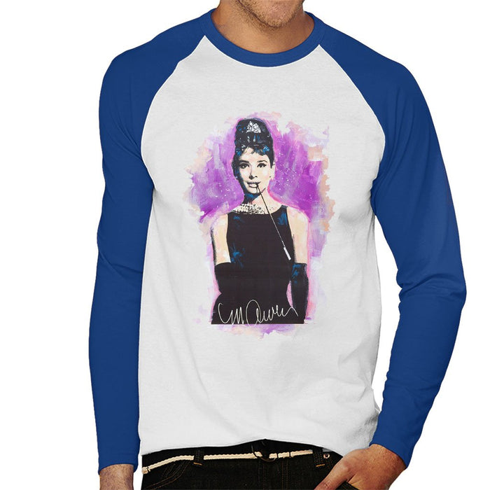 Sidney Maurer Original Portrait Of Audrey Hepburn Mens Baseball Long Sleeved T-Shirt - Small / White/Royal - Mens Baseball Long Sleeved