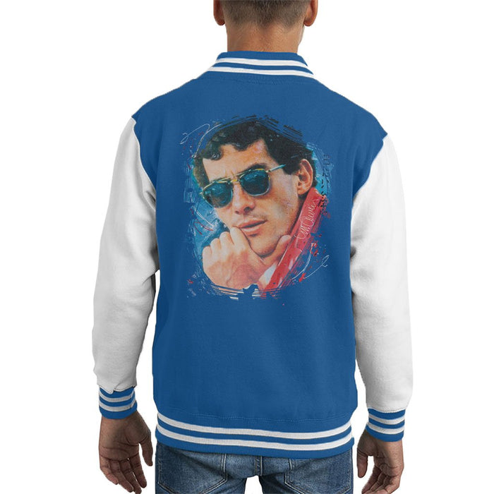 Sidney Maurer Original Portrait Of Ayrton Senna Kids Varsity Jacket - X-Small (3-4 yrs) / Royal/White - Kids Boys Varsity Jacket