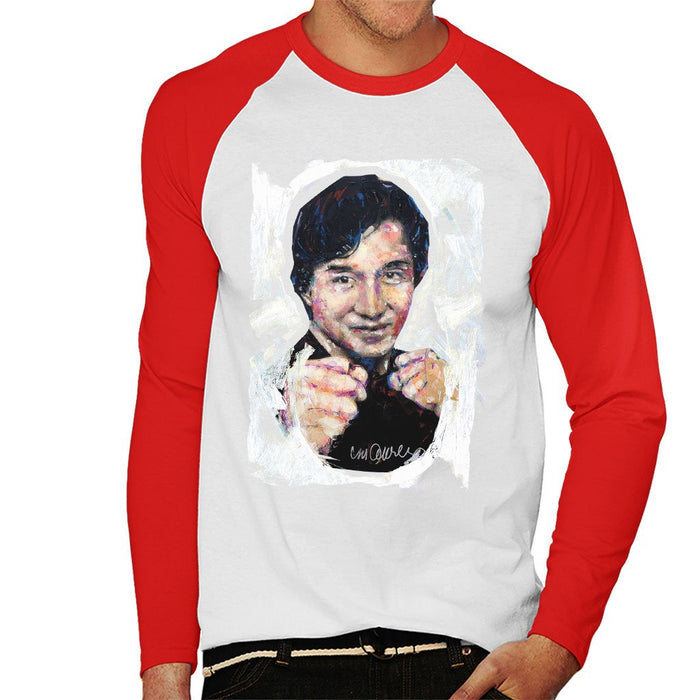Sidney Maurer Original Portrait Of Jackie Chan Mens Baseball Long Sleeved T-Shirt - Mens Baseball Long Sleeved T-Shirt