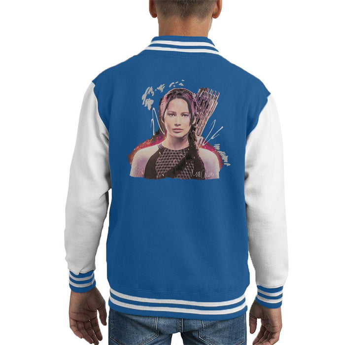 Sidney Maurer Original Portrait Of Jennifer Lawrence Hunger Games Kids Varsity Jacket - X-Small (3-4 yrs) / Royal/White - Kids Boys Varsity