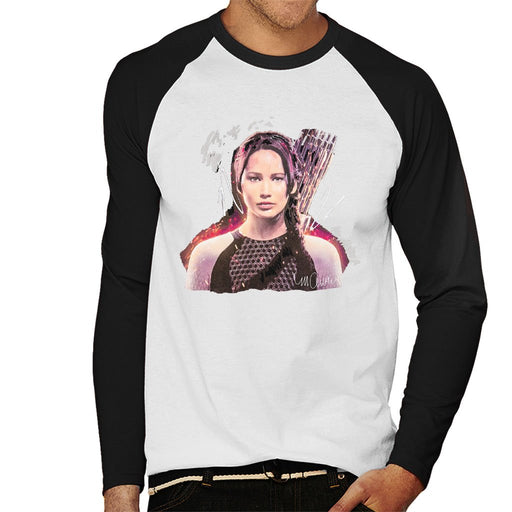 Sidney Maurer Original Portrait Of Jennifer Lawrence Hunger Games Mens Baseball Long Sleeved T-Shirt - Mens Baseball Long Sleeved T-Shirt