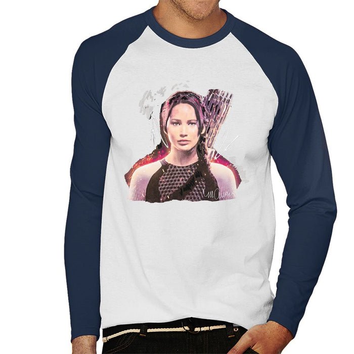 Sidney Maurer Original Portrait Of Jennifer Lawrence Hunger Games Mens Baseball Long Sleeved T-Shirt - Mens Baseball Long Sleeved T-Shirt