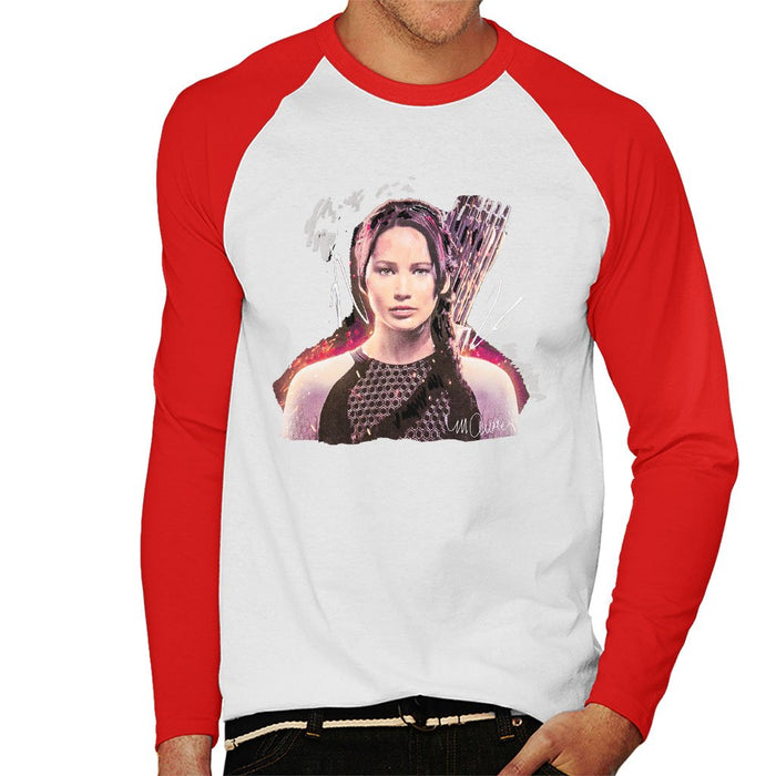 Sidney Maurer Original Portrait Of Jennifer Lawrence Hunger Games Mens Baseball Long Sleeved T-Shirt - Mens Baseball Long Sleeved T-Shirt