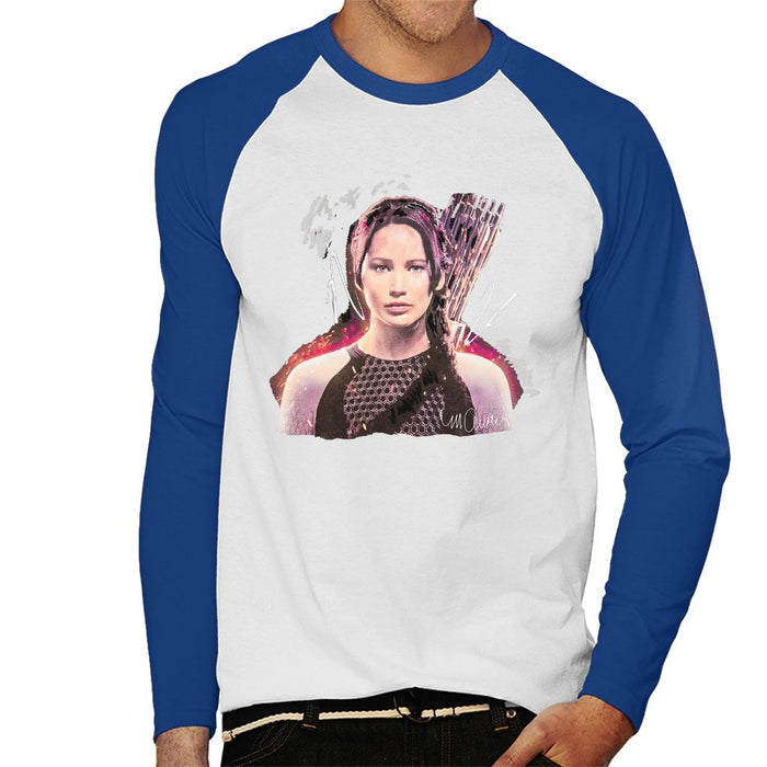 Sidney Maurer Original Portrait Of Jennifer Lawrence Hunger Games Mens Baseball Long Sleeved T-Shirt - Small / White/Royal - Mens Baseball