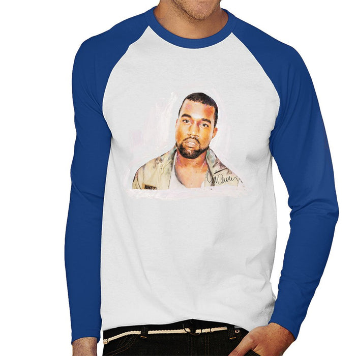 Sidney Maurer Original Portrait Of Kanye West Mens Baseball Long Sleeved T-Shirt - Small / White/Royal - Mens Baseball Long Sleeved T-Shirt