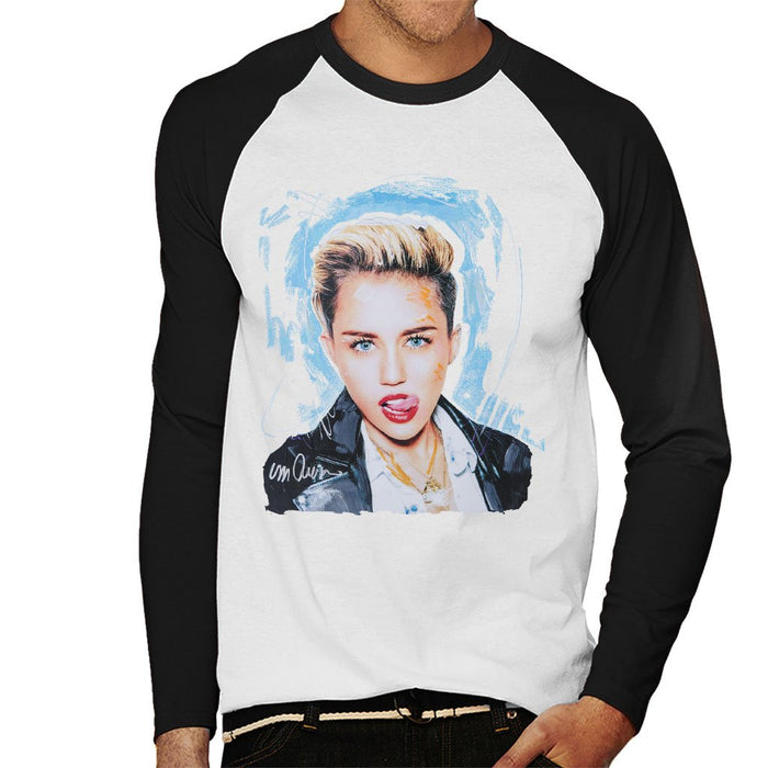 Sidney Maurer Original Portrait Of Miley Cyrus Licking Lips Mens Baseball Long Sleeved T-Shirt - Mens Baseball Long Sleeved T-Shirt