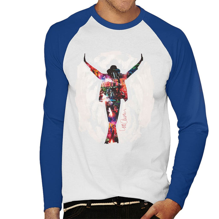 Sidney Maurer Original Portrait Of Michael Jackson This Is It Mens Baseball Long Sleeved T-Shirt - Small / White/Royal - Mens Baseball Long