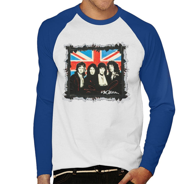 Sidney Maurer Original Portrait Of Queen Union Jack Mens Baseball Long Sleeved T-Shirt - Small / White/Royal - Mens Baseball Long Sleeved