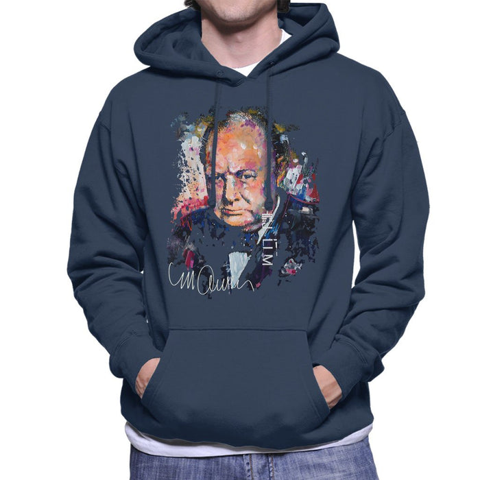 Sidney Maurer Original Portrait Of Winston Churchill Mens Hooded Sweatshirt - Small / Navy Blue - Mens Hooded Sweatshirt