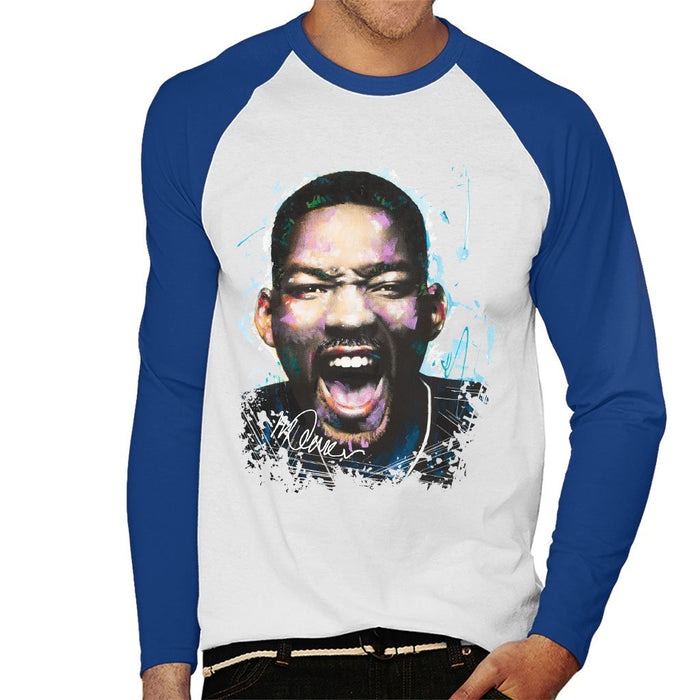 Sidney Maurer Original Portrait Of Will Smith Mens Baseball Long Sleeved T-Shirt - Small / White/Royal - Mens Baseball Long Sleeved T-Shirt