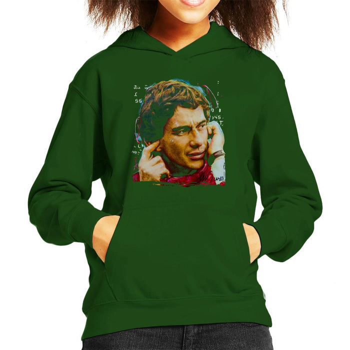 Sidney Maurer Original Portrait Of Ayrton Senna McLaren 1991 Kids Hooded Sweatshirt - X-Small (3-4 yrs) / Bottle Green - Kids Boys Hooded