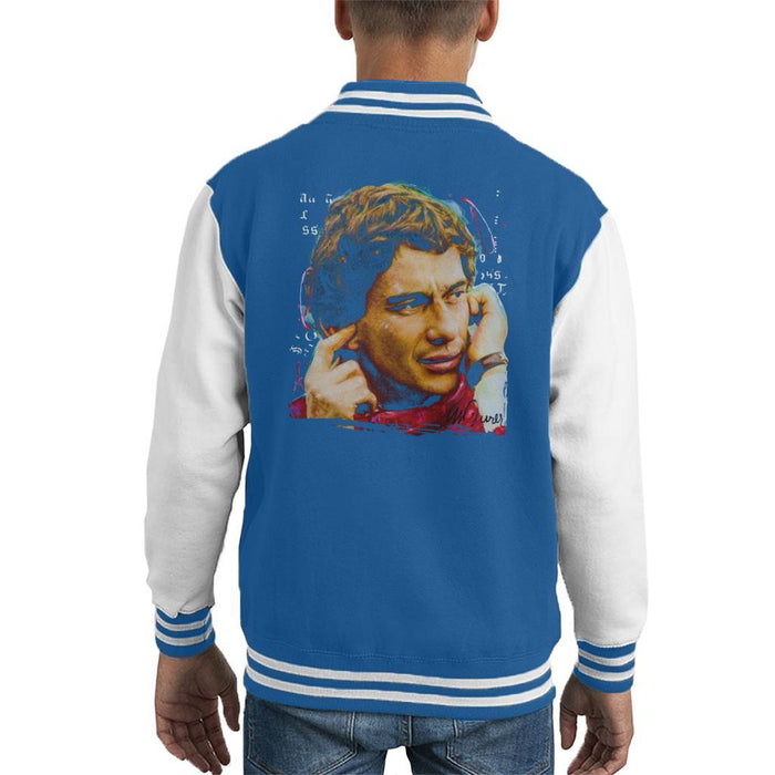 Sidney Maurer Original Portrait Of Ayrton Senna McLaren 1991 Kids Varsity Jacket - X-Small (3-4 yrs) / Royal/White - Kids Boys Varsity