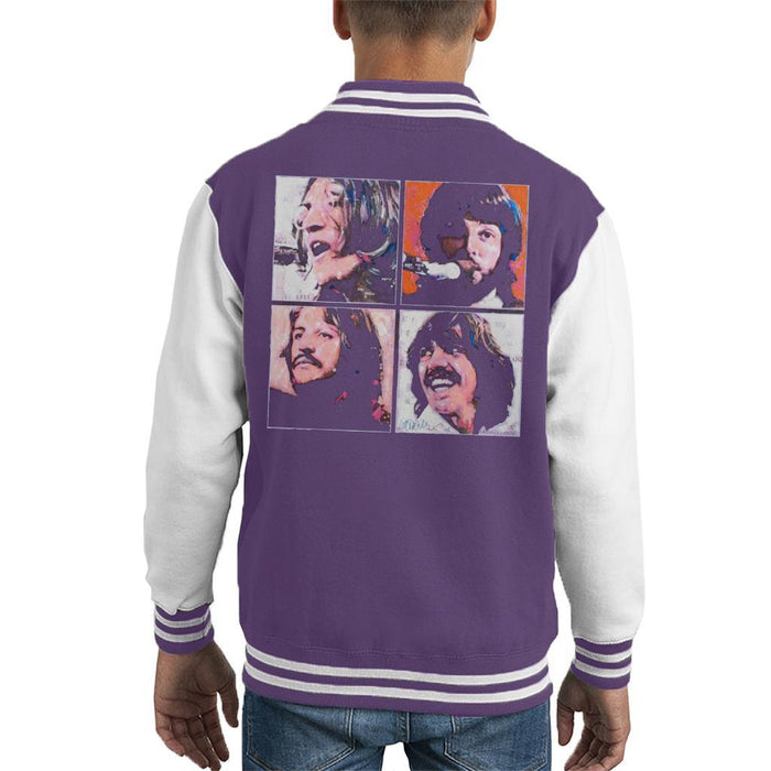 Sidney Maurer Original Portrait Of The Beatles Let It Be Kids Varsity Jacket - X-Small (3-4 yrs) / Purple/White - Kids Boys Varsity Jacket