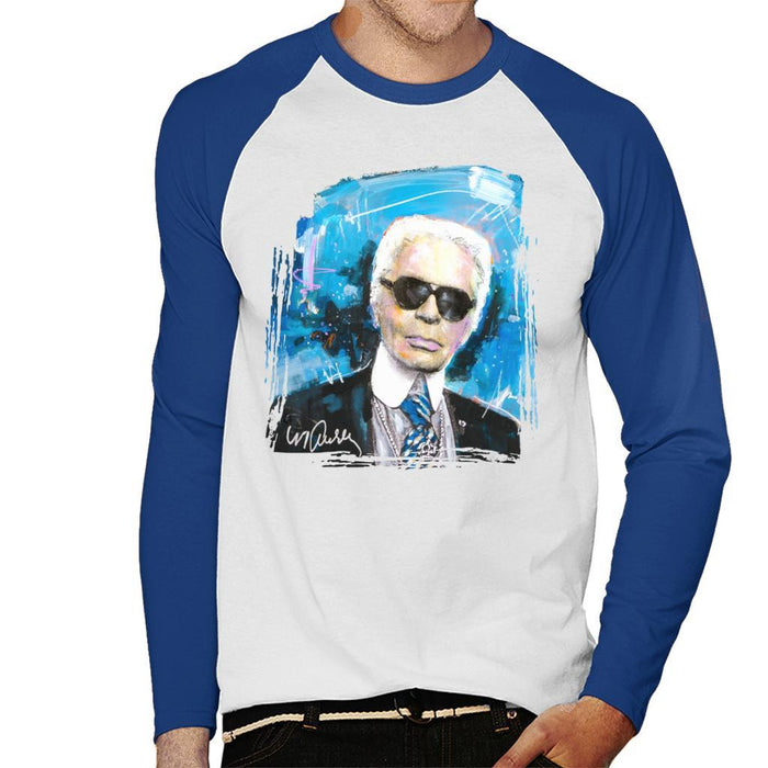 Sidney Maurer Original Portrait Of Karl Lagerfeld Mens Baseball Long Sleeved T-Shirt - Small / White/Royal - Mens Baseball Long Sleeved