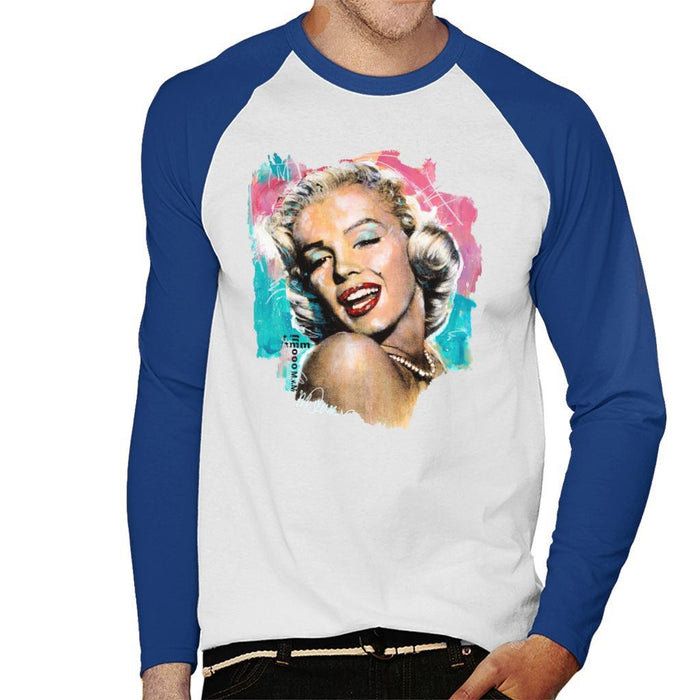 Sidney Maurer Original Portrait Of Marilyn Monroe Lipstick Mens Baseball Long Sleeved T-Shirt - Small / White/Royal - Mens Baseball Long