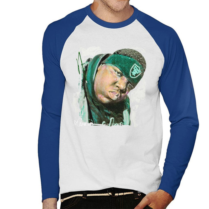 Sidney Maurer Original Portrait Of Notorious BIG Mens Baseball Long Sleeved T-Shirt - Small / White/Royal - Mens Baseball Long Sleeved