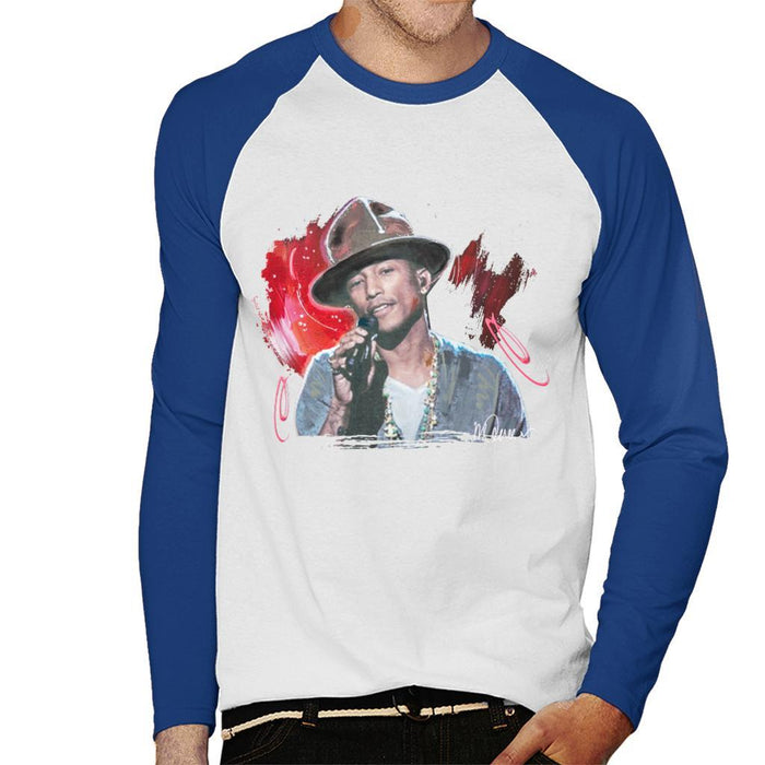 Sidney Maurer Original Portrait Of Pharrel Williams Live Mens Baseball Long Sleeved T-Shirt - Small / White/Royal - Mens Baseball Long