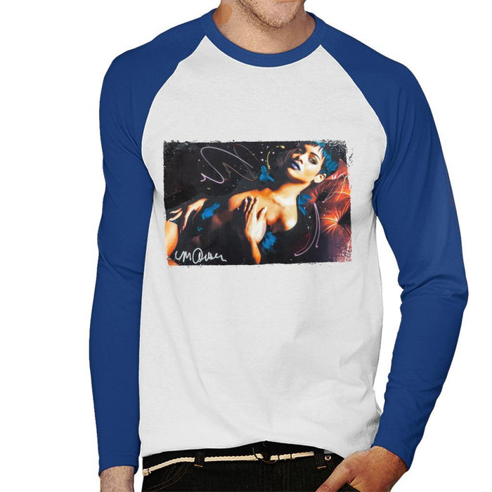 Sidney Maurer Original Portrait Of Rihanna White Mens Baseball Long Sleeved T-Shirt - Small / White/Royal - Mens Baseball Long Sleeved