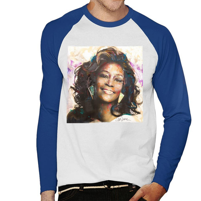 Sidney Maurer Original Portrait Of Whitney Houston Triangle Earrings Mens Baseball Long Sleeved T-Shirt - Small / White/Royal - Mens