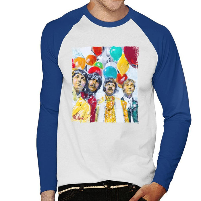 Sidney Maurer Original Portrait Of The Beatles Sgt Peppers 1967 Mens Baseball Long Sleeved T-Shirt - White/Royal / Small - Mens Baseball