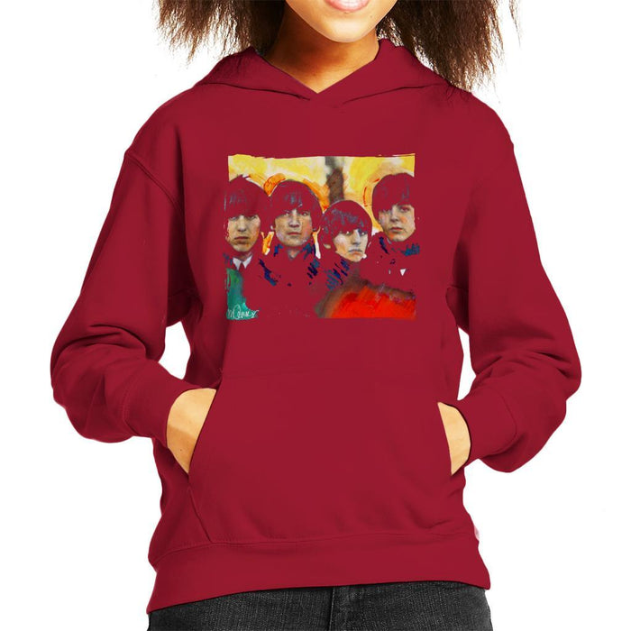 Sidney Maurer Original Portrait Of The Beatles Bowl Cuts Kids Hooded Sweatshirt - X-Small (3-4 yrs) / Cherry Red - Kids Boys Hooded