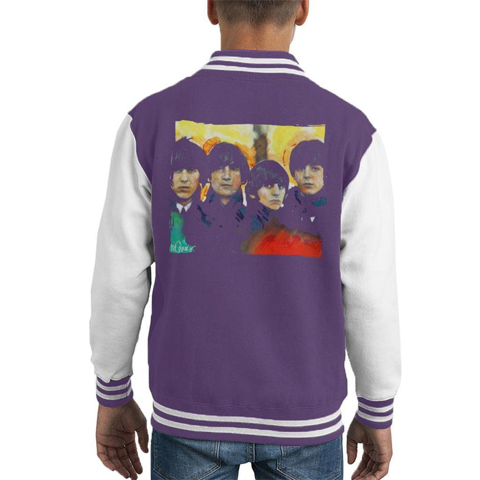 Sidney Maurer Original Portrait Of The Beatles Bowl Cuts Kids Varsity Jacket - X-Small (3-4 yrs) / Purple/White - Kids Boys Varsity Jacket