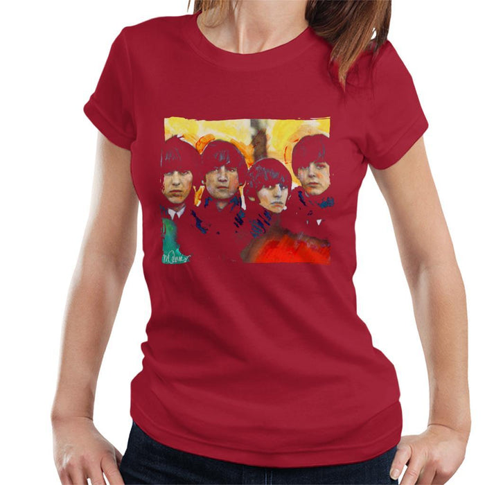 Sidney Maurer Original Portrait Of The Beatles Bowl Cuts Womens T-Shirt - Small / Cherry Red - Womens T-Shirt