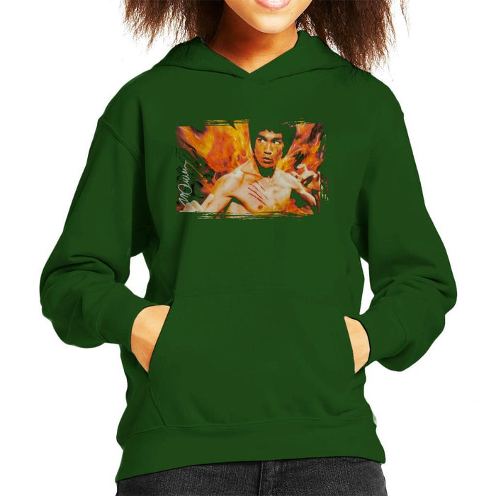 Sidney Maurer Original Portrait Of Bruce Lee Flames Enter The Dragon Kids Hooded Sweatshirt - X-Small (3-4 yrs) / Bottle Green - Kids Boys