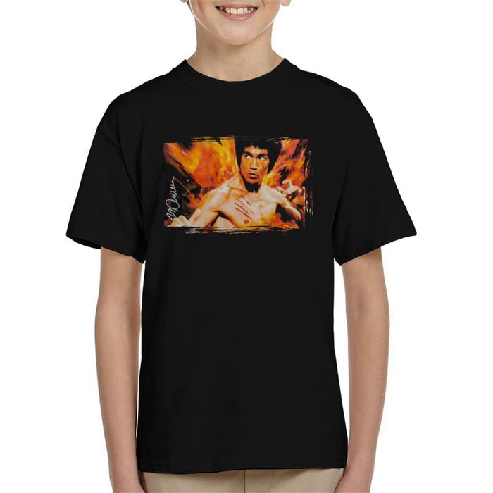 Sidney Maurer Original Portrait Of Bruce Lee Flames Enter The Dragon Kids T-Shirt - Kids Boys T-Shirt