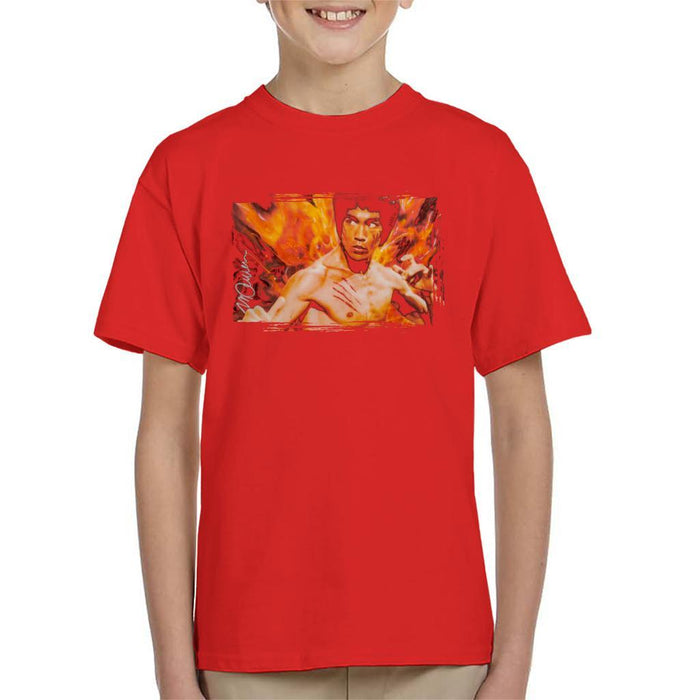Sidney Maurer Original Portrait Of Bruce Lee Flames Enter The Dragon Kids T-Shirt - Kids Boys T-Shirt