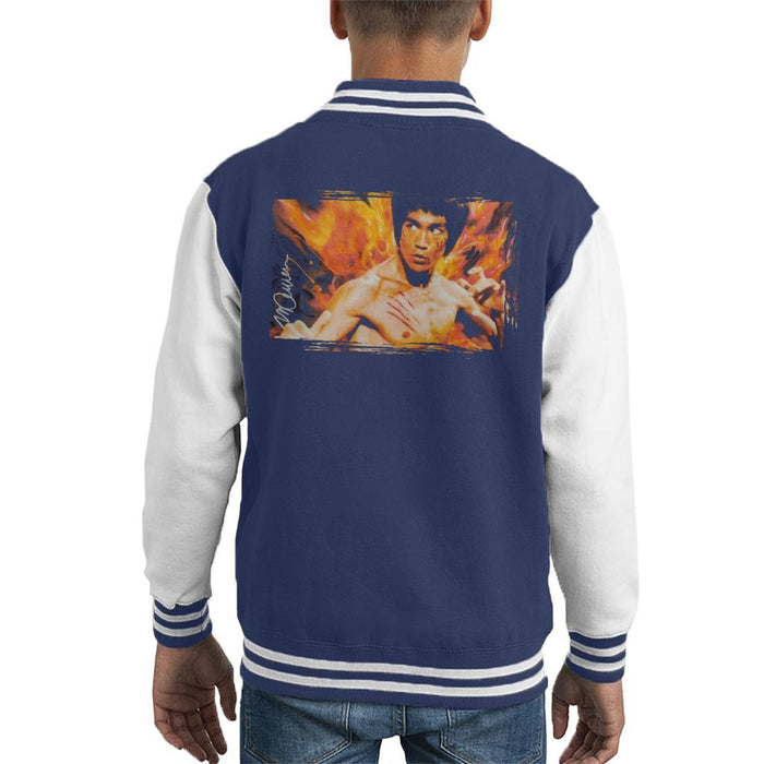 Sidney Maurer Original Portrait Of Bruce Lee Flames Enter The Dragon Kids Varsity Jacket - Kids Boys Varsity Jacket