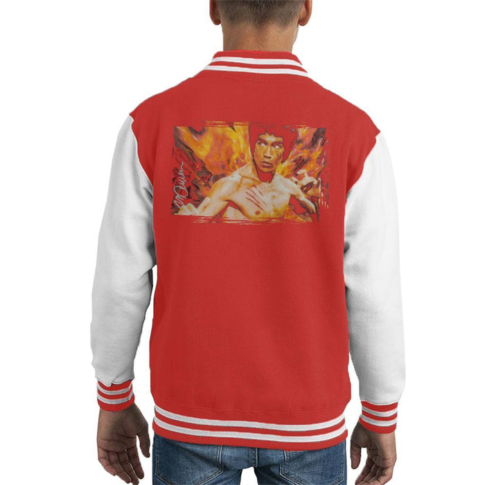 Sidney Maurer Original Portrait Of Bruce Lee Flames Enter The Dragon Kids Varsity Jacket - X-Small (3-4 yrs) / Red/White - Kids Boys Varsity