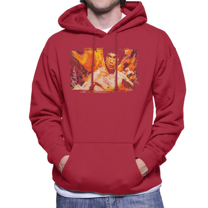 Sidney Maurer Original Portrait Of Bruce Lee Flames Enter The Dragon Mens Hooded Sweatshirt - Small / Cherry Red - Mens Hooded Sweatshirt