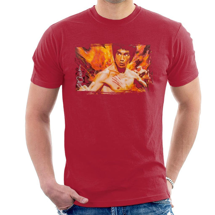 Sidney Maurer Original Portrait Of Bruce Lee Flames Enter The Dragon Mens T-Shirt - Small / Cherry Red - Mens T-Shirt