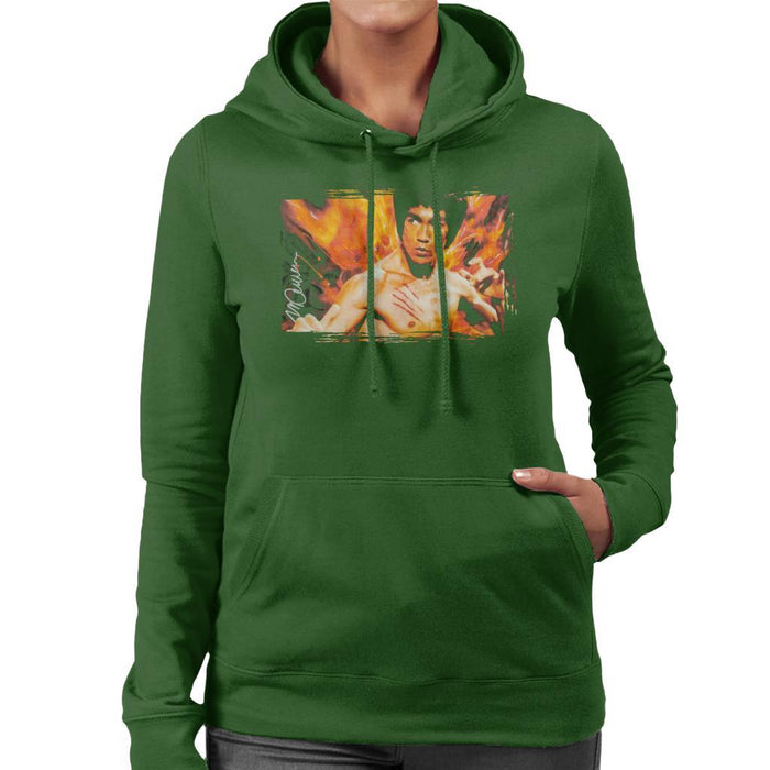 Sidney Maurer Original Portrait Of Bruce Lee Flames Enter The Dragon Womens Hooded Sweatshirt - Womens Hooded Sweatshirt